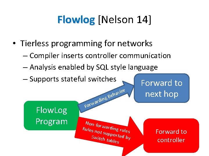 Flowlog [Nelson 14] • Tierless programming for networks – Compiler inserts controller communication –