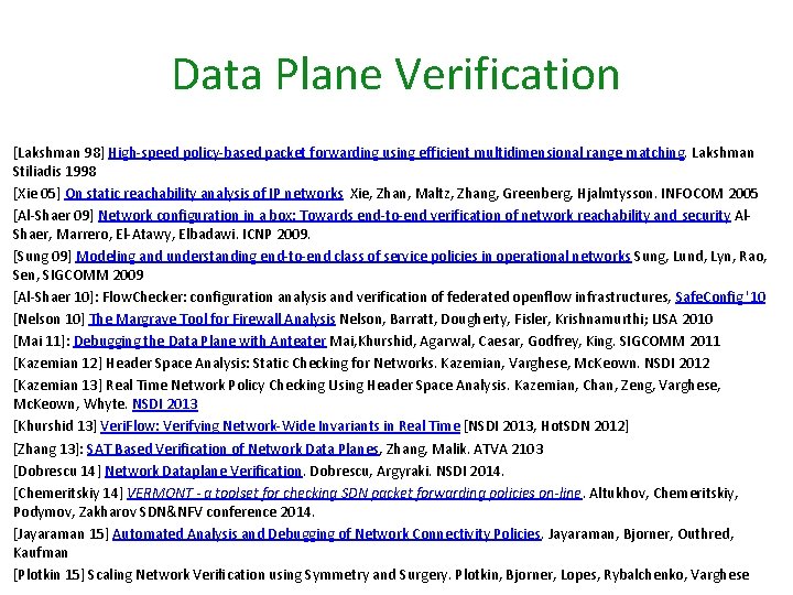 Data Plane Verification [Lakshman 98] High-speed policy-based packet forwarding using efficient multidimensional range matching.