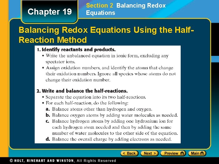 Chapter 19 Section 2 Balancing Redox Equations Using the Half. Reaction Method 