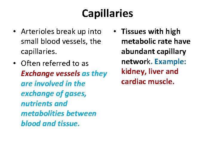 Capillaries • Arterioles break up into • Tissues with high small blood vessels, the