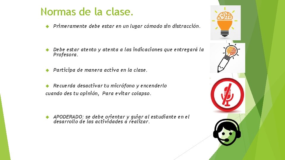 Normas de la clase. Primeramente debe estar en un lugar cómodo sin distracción. Debe