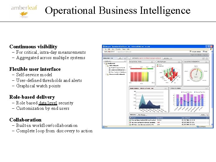 Operational Business Intelligence Continuous visibility – For critical, intra-day measurements – Aggregated across multiple