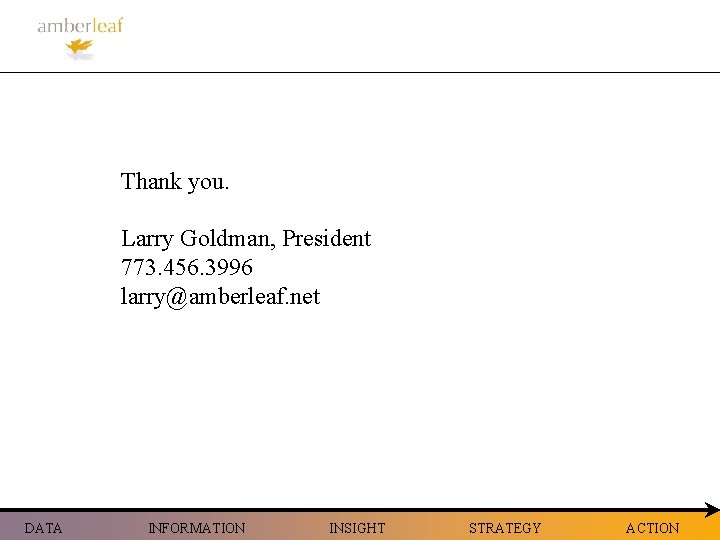 Thank you. Larry Goldman, President 773. 456. 3996 larry@amberleaf. net DATA INFORMATION INSIGHT STRATEGY