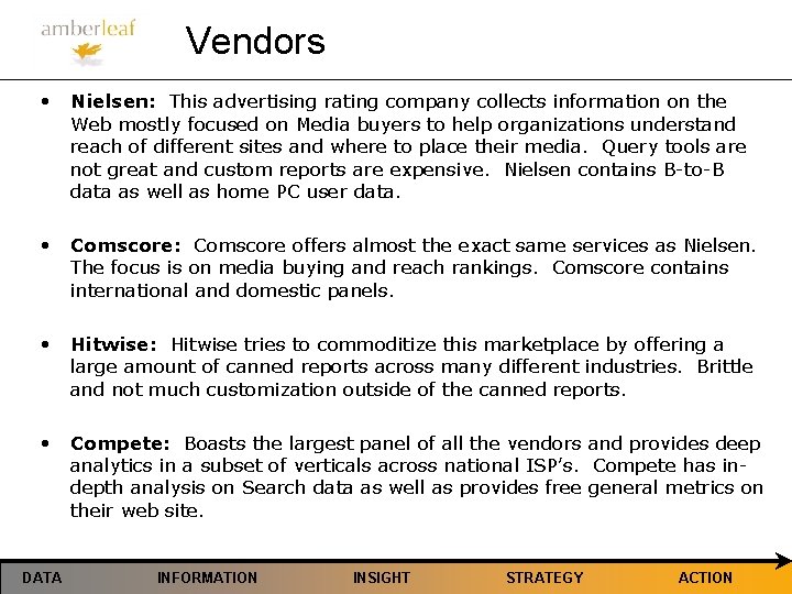 Vendors • Nielsen: This advertising rating company collects information on the Web mostly focused