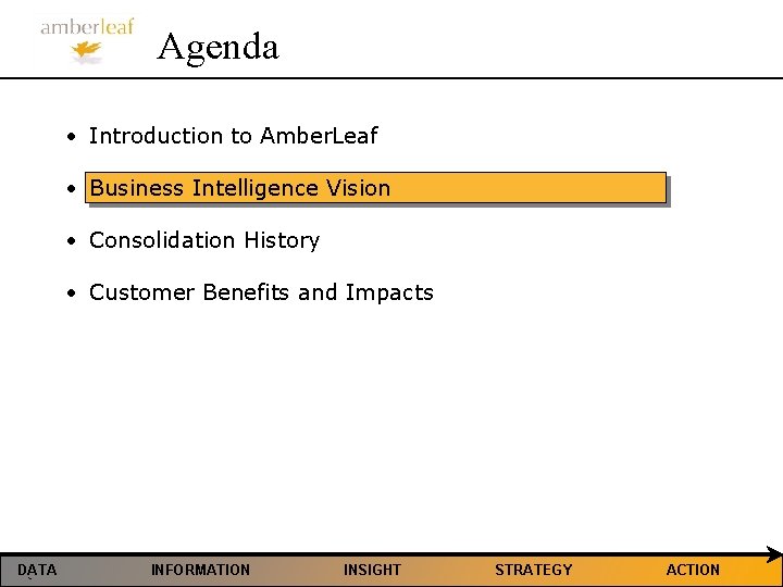 Agenda • Introduction to Amber. Leaf • Business Intelligence Vision • Consolidation History •
