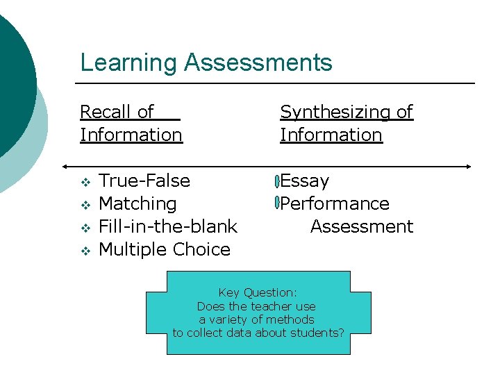 Learning Assessments Recall of Information v v True-False Matching Fill-in-the-blank Multiple Choice Synthesizing of