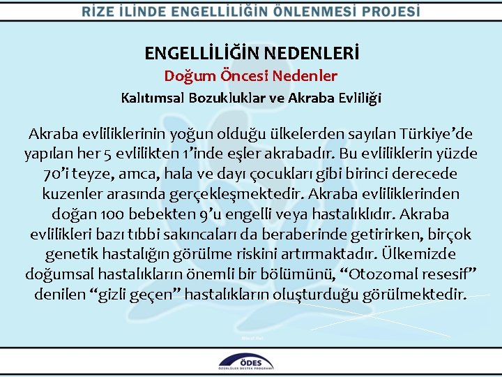 ENGELLİLİĞİN NEDENLERİ Doğum Öncesi Nedenler Kalıtımsal Bozukluklar ve Akraba Evliliği Akraba evliliklerinin yoğun olduğu