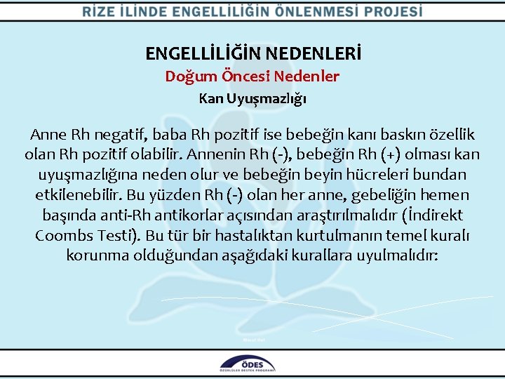 ENGELLİLİĞİN NEDENLERİ Doğum Öncesi Nedenler Kan Uyuşmazlığı Anne Rh negatif, baba Rh pozitif ise