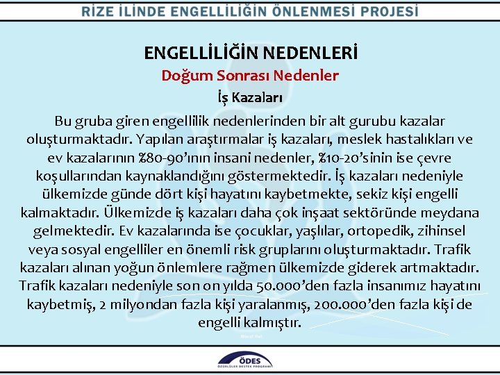 ENGELLİLİĞİN NEDENLERİ Doğum Sonrası Nedenler İş Kazaları Bu gruba giren engellilik nedenlerinden bir alt