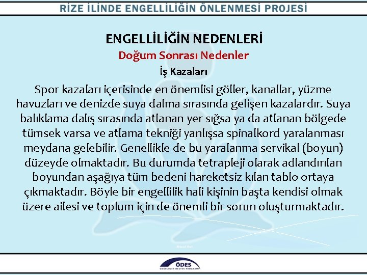 ENGELLİLİĞİN NEDENLERİ Doğum Sonrası Nedenler İş Kazaları Spor kazaları içerisinde en önemlisi göller, kanallar,