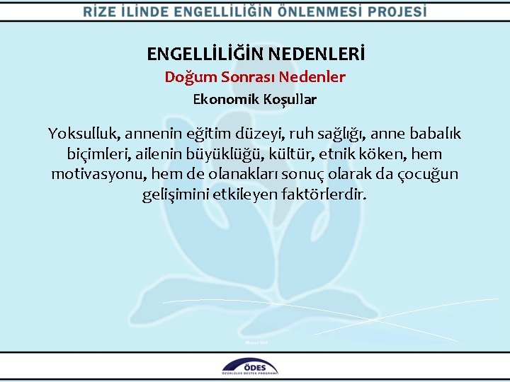 ENGELLİLİĞİN NEDENLERİ Doğum Sonrası Nedenler Ekonomik Koşullar Yoksulluk, annenin eğitim düzeyi, ruh sağlığı, anne