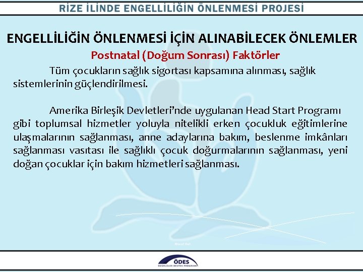 ENGELLİLİĞİN ÖNLENMESİ İÇİN ALINABİLECEK ÖNLEMLER Postnatal (Doğum Sonrası) Faktörler Tüm çocukların sağlık sigortası kapsamına