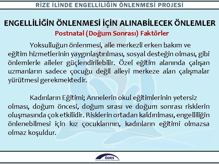 ENGELLİLİĞİN ÖNLENMESİ İÇİN ALINABİLECEK ÖNLEMLER Postnatal (Doğum Sonrası) Faktörler Yoksulluğun önlenmesi, aile merkezli erken