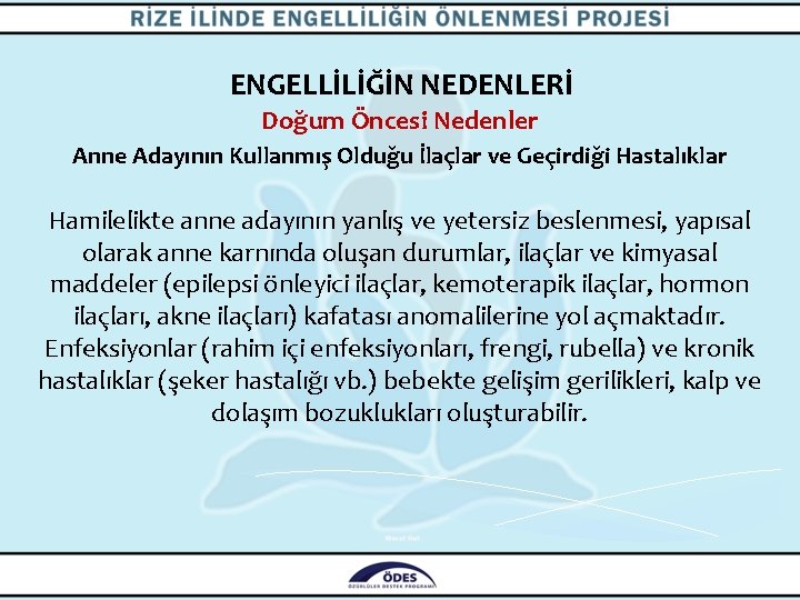 ENGELLİLİĞİN NEDENLERİ Doğum Öncesi Nedenler Anne Adayının Kullanmış Olduğu İlaçlar ve Geçirdiği Hastalıklar Hamilelikte