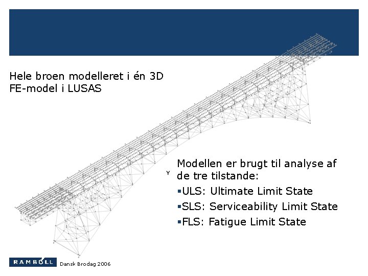 Hele broen modelleret i én 3 D FE-model i LUSAS Modellen er brugt til