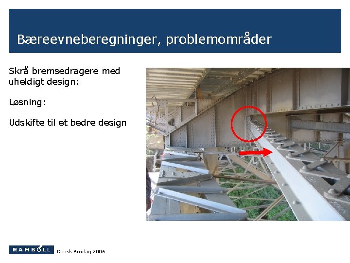 Bæreevneberegninger, problemområder Skrå bremsedragere med uheldigt design: Løsning: Udskifte til et bedre design Dansk