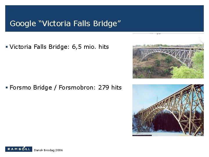 Google “Victoria Falls Bridge” § Victoria Falls Bridge: 6, 5 mio. hits § Forsmo