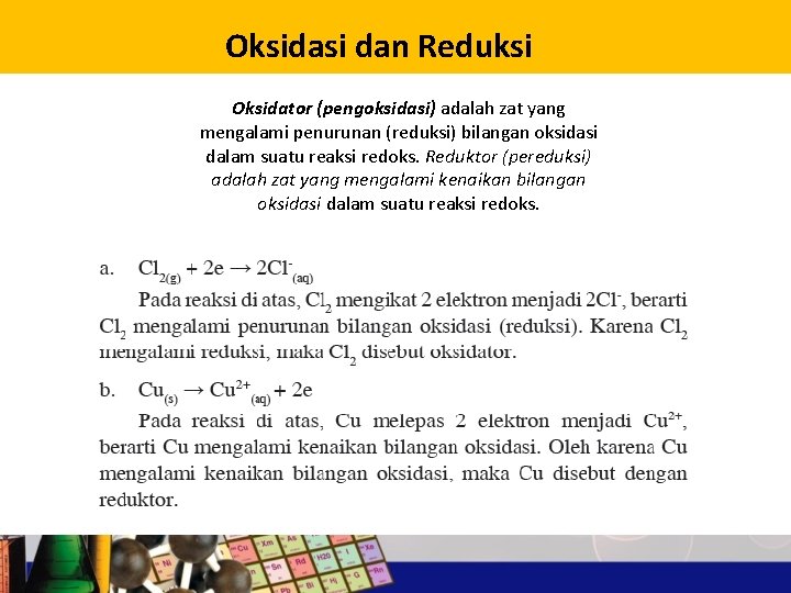 Oksidasi dan Reduksi Oksidator (pengoksidasi) adalah zat yang mengalami penurunan (reduksi) bilangan oksidasi dalam