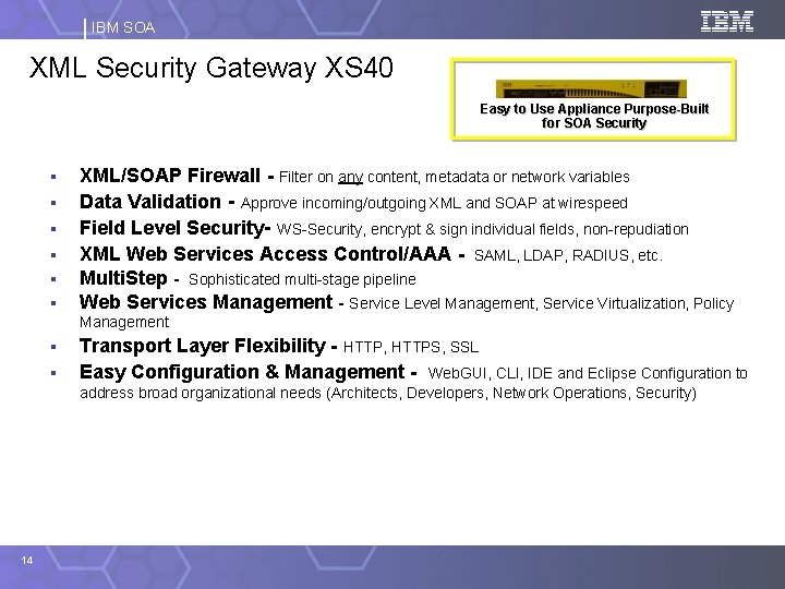 IBM SOA XML Security Gateway XS 40 Easy to Use Appliance Purpose-Built for SOA