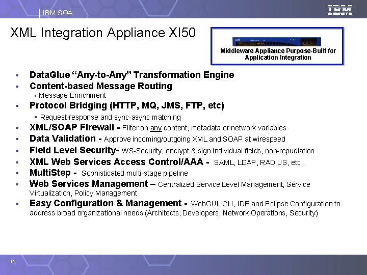IBM SOA XML Integration Appliance XI 50 Middleware Appliance Purpose-Built for Application Integration §