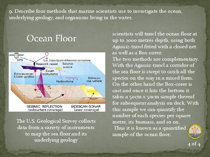 9. Describe four methods that marine scientists use to investigate the ocean, underlying geology,