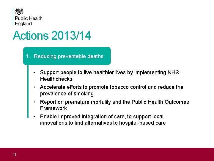 Actions 2013/14 1. Reducing preventable deaths • Support people to live healthier lives by