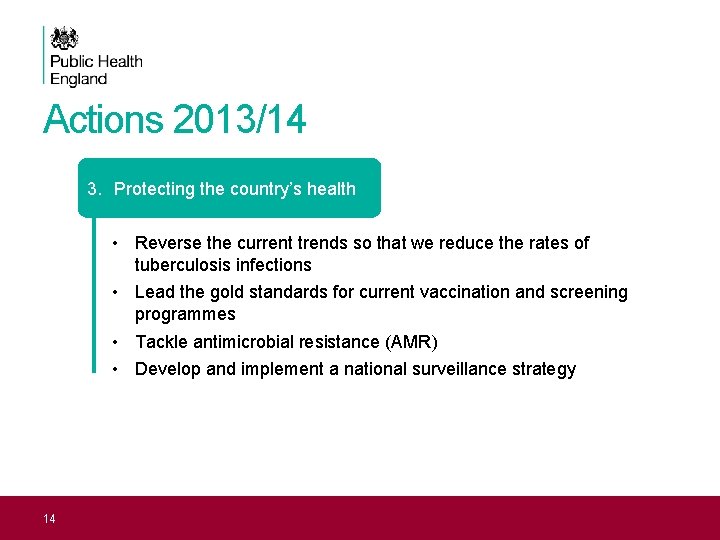 Actions 2013/14 3. Protecting the country’s health • Reverse the current trends so that