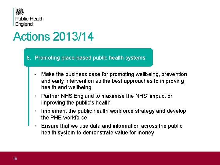Actions 2013/14 6. Promoting place-based public health systems • Make the business case for