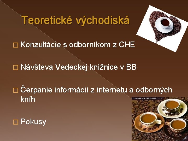 Teoretické východiská � Konzultácie s odborníkom z CHE � Návšteva Vedeckej knižnice v BB