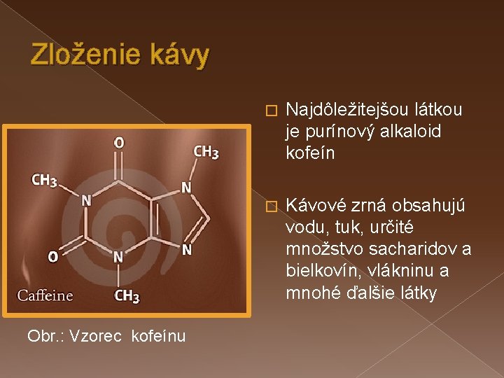 Zloženie kávy Obr. : Vzorec kofeínu � Najdôležitejšou látkou je purínový alkaloid kofeín �