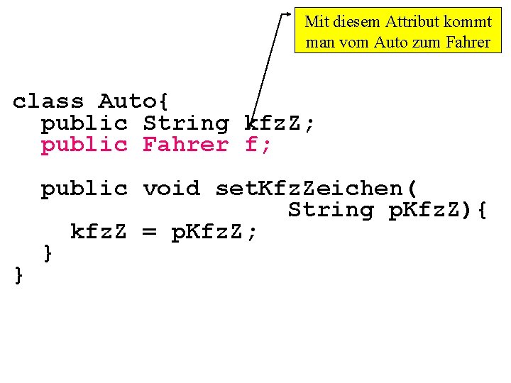 Mit diesem Attribut kommt man vom Auto zum Fahrer class Auto{ public String kfz.