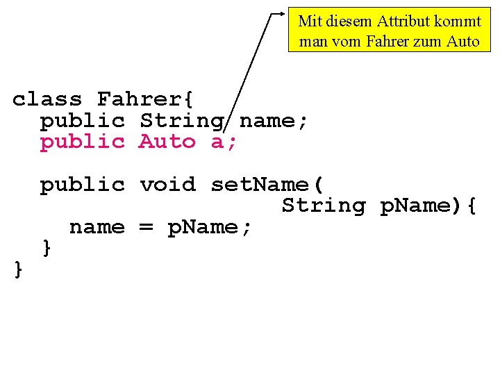 Mit diesem Attribut kommt man vom Fahrer zum Auto class Fahrer{ public String name;