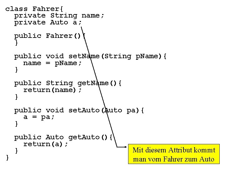 class Fahrer{ private String name; private Auto a; public Fahrer(){ } public void set.