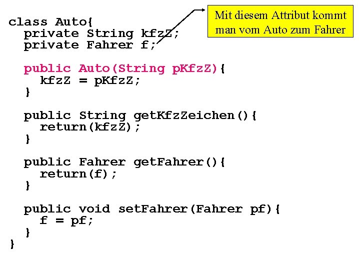 class Auto{ private String kfz. Z; private Fahrer f; Mit diesem Attribut kommt man