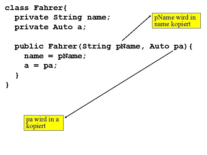 class Fahrer{ private String name; private Auto a; p. Name wird in name kopiert