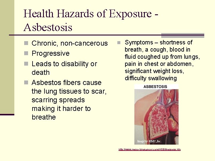 Health Hazards of Exposure Asbestosis n Chronic, non-cancerous n Progressive n Leads to disability