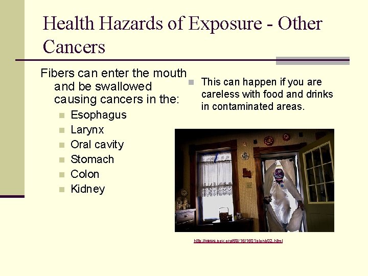 Health Hazards of Exposure - Other Cancers Fibers can enter the mouth n This