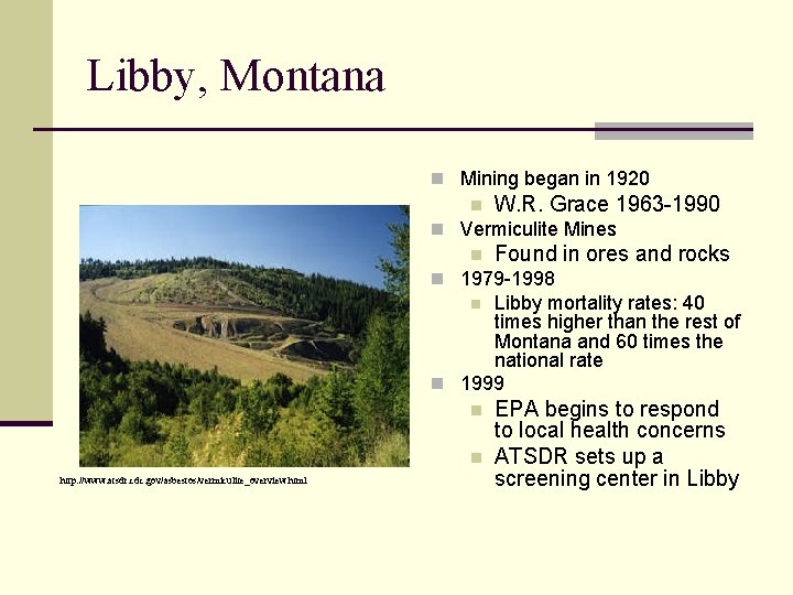 Libby, Montana n Mining began in 1920 n W. R. Grace 1963 -1990 n