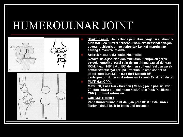 HUMEROULNAR JOINT n n Struktur sendi : Jenis Hinge joint atau gynglimus, dibentuk oleh