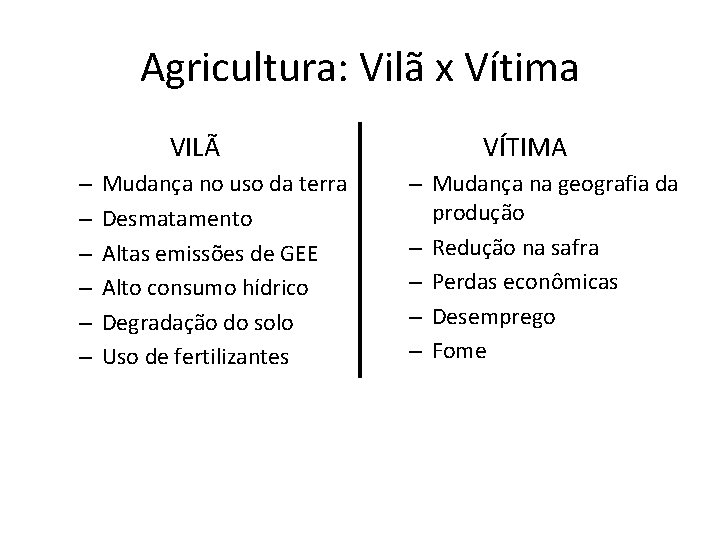 Agricultura: Vilã x Vítima VILÃ – – – Mudança no uso da terra Desmatamento