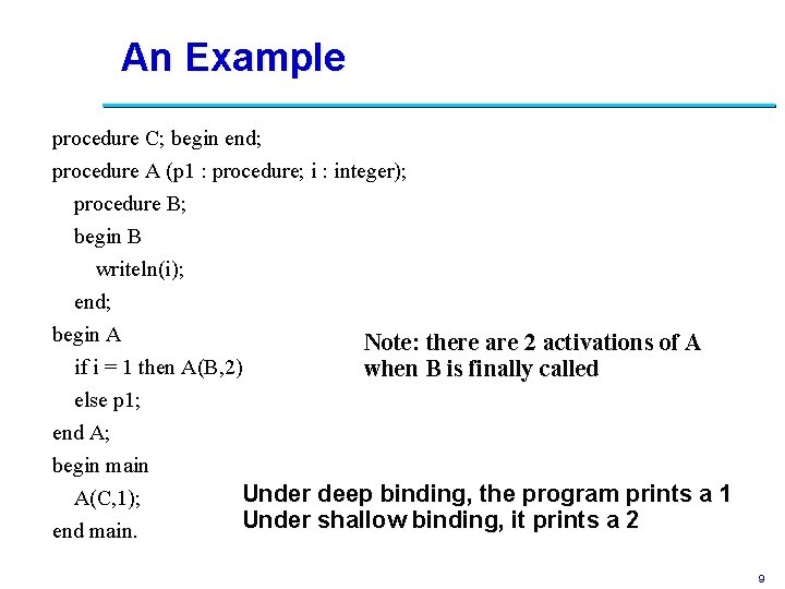 An Example procedure C; begin end; procedure A (p 1 : procedure; i :
