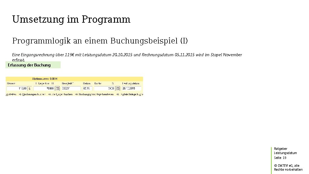 Umsetzung im Programmlogik an einem Buchungsbeispiel (I) Eine Eingangsrechnung über 119€ mit Leistungsdatum 20.