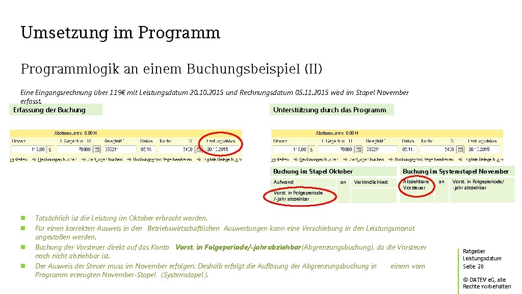 Umsetzung im Programmlogik an einem Buchungsbeispiel (II) Eine Eingangsrechnung über 119€ mit Leistungsdatum 20.