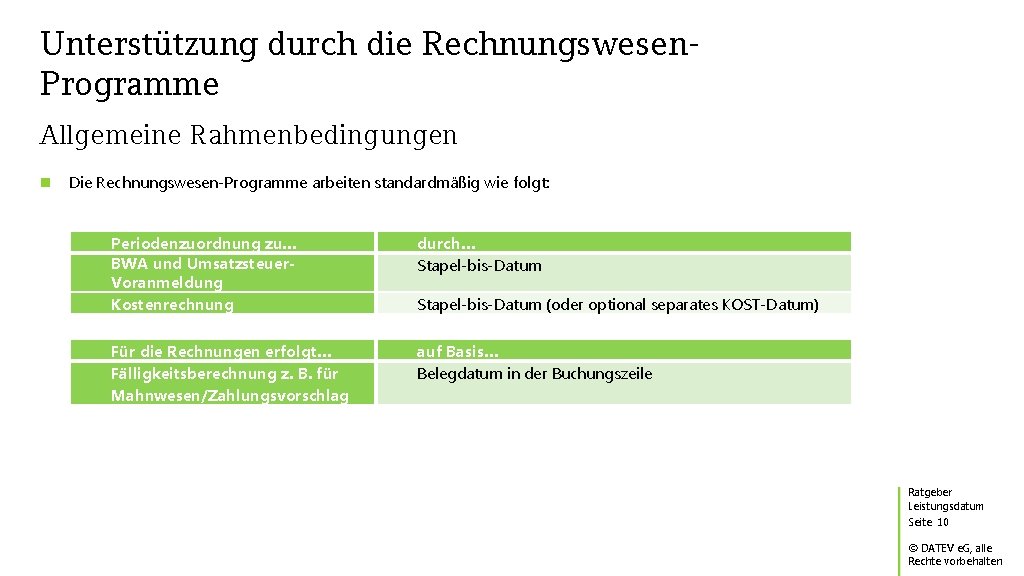 Unterstützung durch die Rechnungswesen. Programme Allgemeine Rahmenbedingungen Die Rechnungswesen-Programme arbeiten standardmäßig wie folgt: Periodenzuordnung