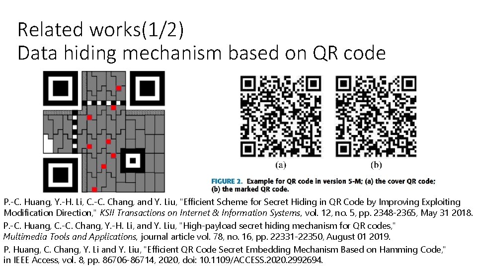 Related works(1/2) Data hiding mechanism based on QR code P. -C. Huang, Y. -H.