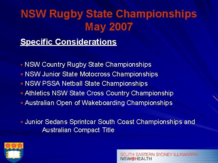 NSW Rugby State Championships May 2007 Specific Considerations § NSW Country Rugby State Championships
