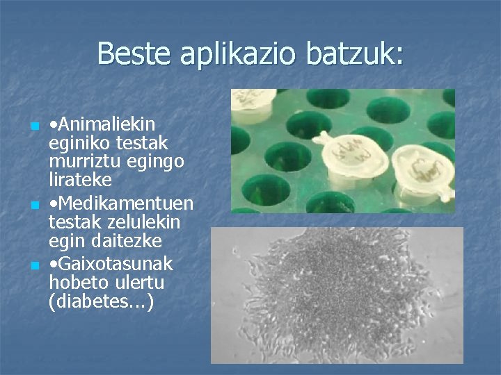 Beste aplikazio batzuk: n n n • Animaliekin eginiko testak murriztu egingo lirateke •