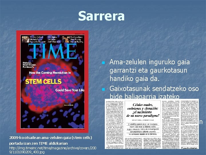 Sarrera n n 2009 -ko otsailean ama-zelulen gaia (stem cells) portada izan zen TIME