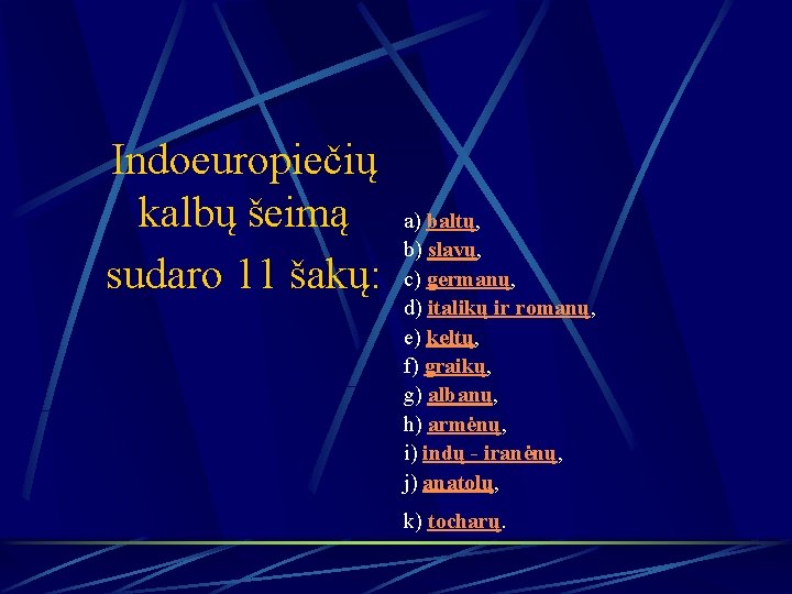 Indoeuropiečių kalbų šeimą sudaro 11 šakų: a) baltų, b) slavų, c) germanų, d) italikų