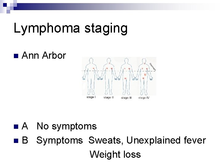 Lymphoma staging n Ann Arbor A No symptoms n B Symptoms Sweats, Unexplained fever